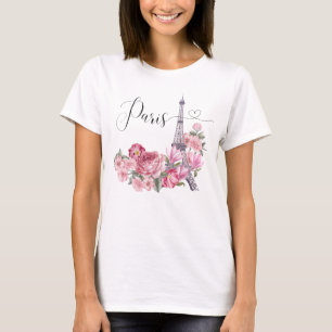 Pink Watercolor Floral Paris Cityscape T-Shirt