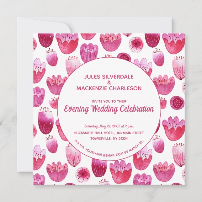 Pink Watercolor Floral Pattern Evening Reception Invitation (Front)