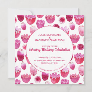 Pink Watercolor Floral Pattern Evening Reception Invitation