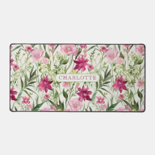 Pink Watercolor Floral Pattern Personalised Name Desk Mat