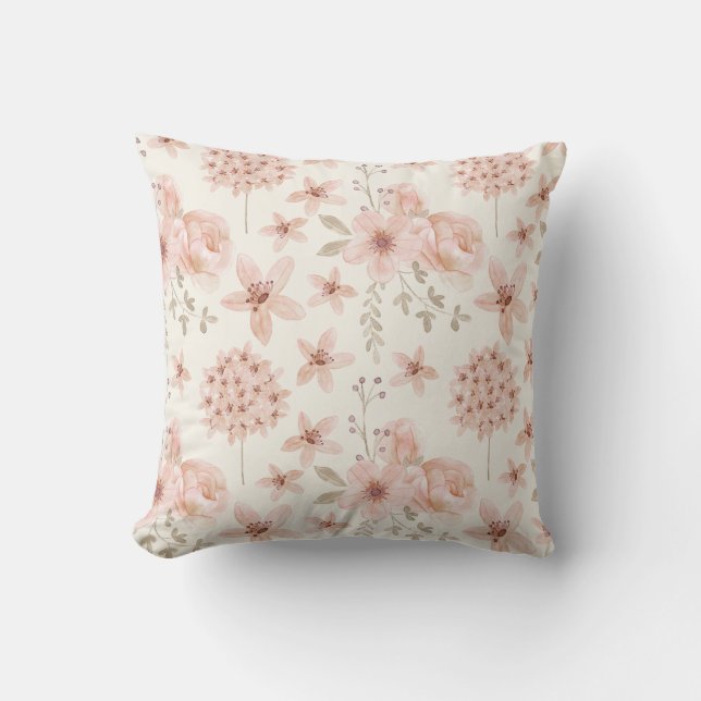 Pink Watercolor Floral Pattern Pretty Plants Cushion (Front)
