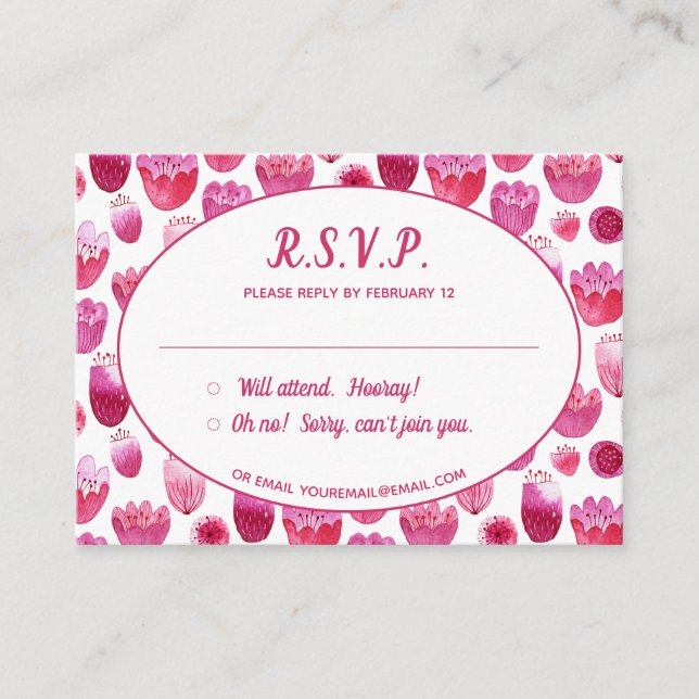 Pink Watercolor Floral Pattern RSVP Enclosure Card (Front)