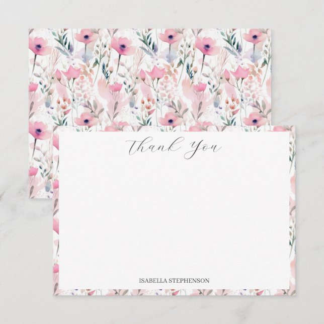Pink Watercolor Floral Pattern Thank You Card (Front/Back)