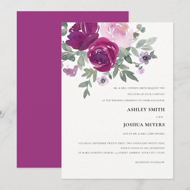 Pink Watercolor Floral Pearl White Magenta Wedding Invitation (Front/Back)
