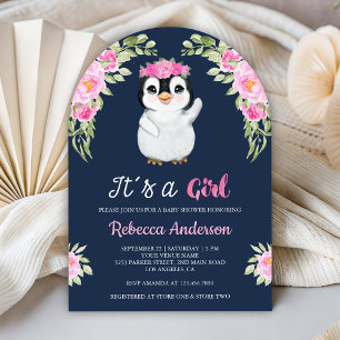 Pink Watercolor Floral Penguin Navy Baby Shower Invitation