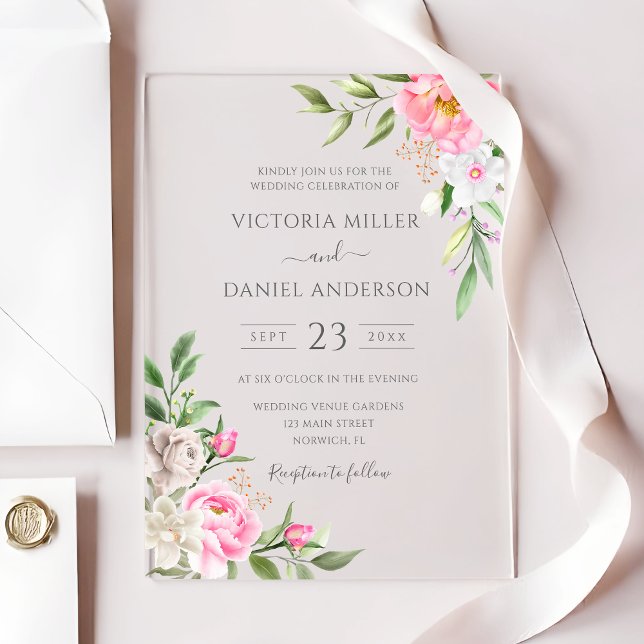 Pink Watercolor Floral Peonies Elegant Wedding Acrylic Invitations (Creator Uploaded)