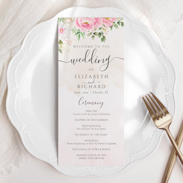 Pink Watercolor Floral Peonies Elegant Wedding Programme (Creator Uploaded)