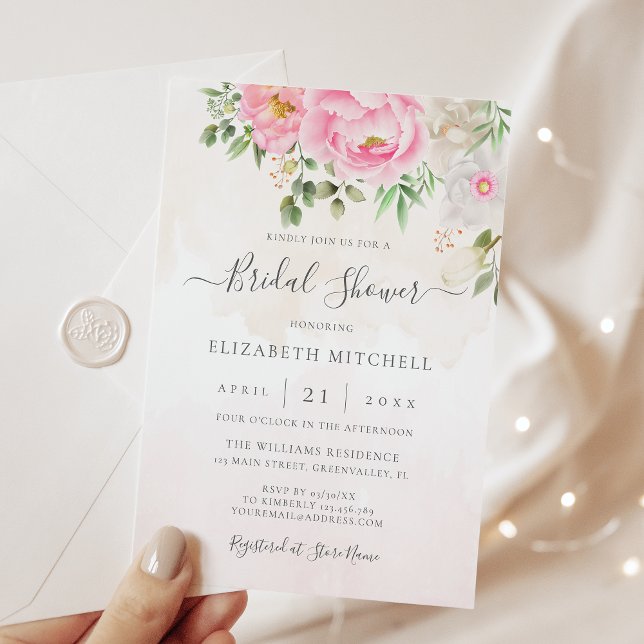 Pink Watercolor Floral Peony Elegant Bridal Shower Invitation (Creator Uploaded)