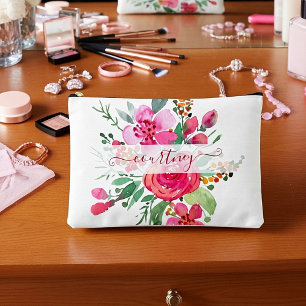 Pink watercolor floral personalised accessory pouch