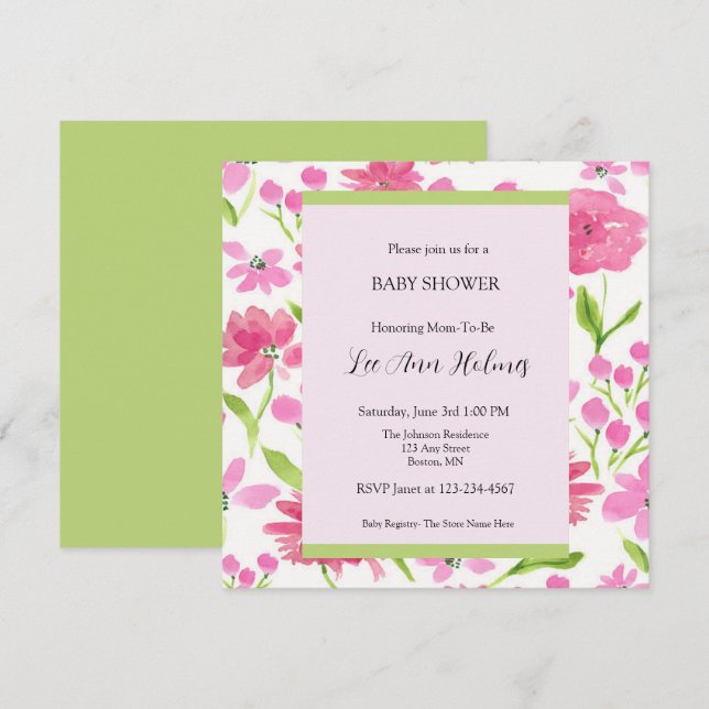 Pink Watercolor Floral Personalised Baby Shower  Invitation (Front/Back)