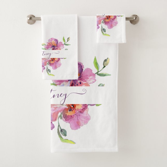 Pink watercolor floral personalised  bath towel set (Insitu)