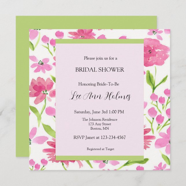Pink Watercolor Floral Personalised Bridal Shower Invitation (Front/Back)