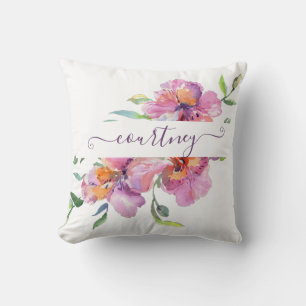 Pink watercolor floral personalised cushion