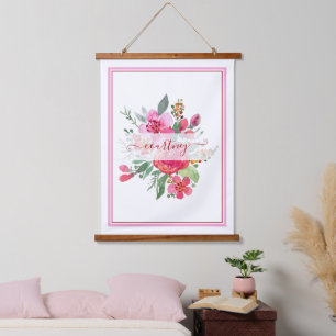 Pink watercolor floral personalised hanging tapestry
