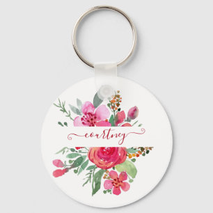 Pink watercolor floral personalised  key ring