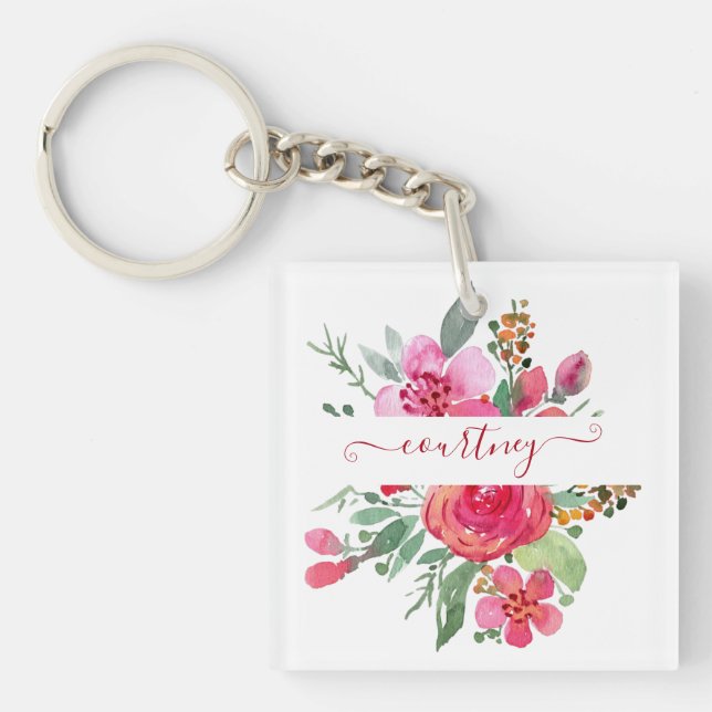Pink watercolor floral personalised   key ring (Front)