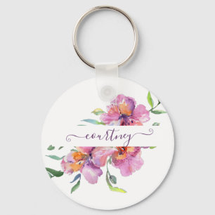 Pink watercolor floral personalised key ring