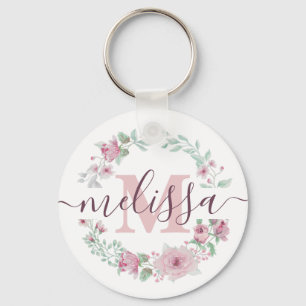 Pink watercolor floral personalised  key ring