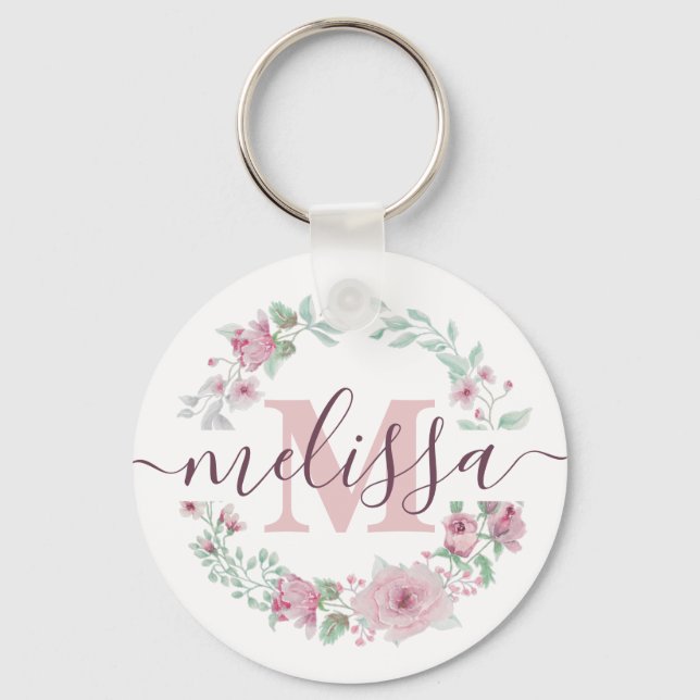 Pink watercolor floral personalised  key ring (Front)