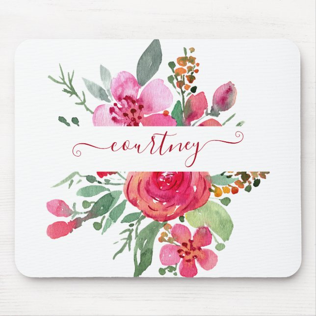 Pink watercolor floral personalised   mouse pad (Front)