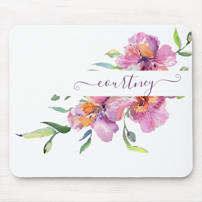 Pink watercolor floral personalised  mouse pad (Front)