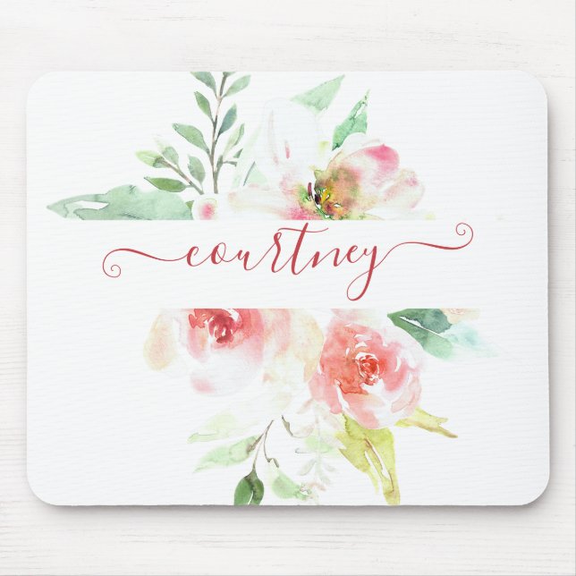 Pink watercolor floral personalised  mouse pad (Front)