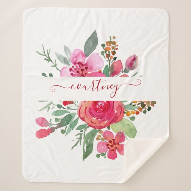 Pink watercolor floral personalised  sherpa blanket (Front)