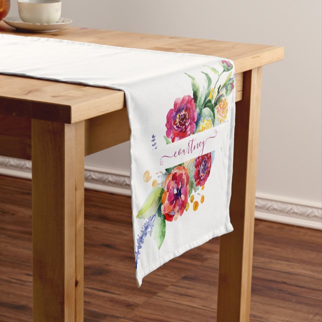 Pink watercolor floral personalised    short table runner (In Situ)