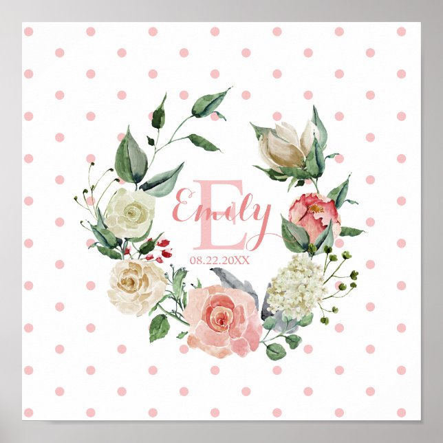 Pink Watercolor Floral Polka Dots Girl Nursery Poster (Front)