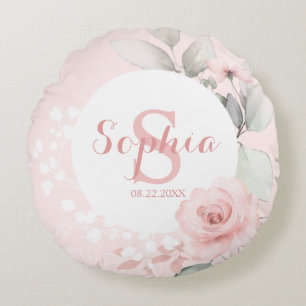 Pink Watercolor Floral Polka Dots Girl Nursery Round Cushion