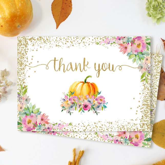 Pink Watercolor Floral Pumpkin Fall Thank You Card (Creator Uploaded)