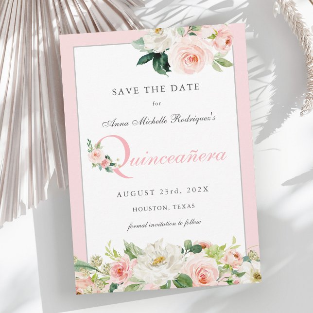 Pink Watercolor Floral Quinceañera Save the Date  (Available in printed and digital download formats.)