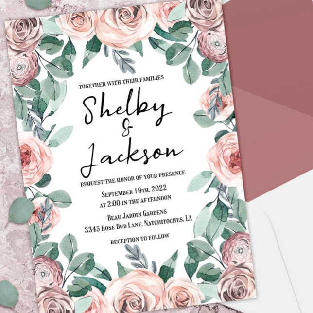 Pink Watercolor Floral Rose Gold Wedding Invitation (Creator Uploaded)