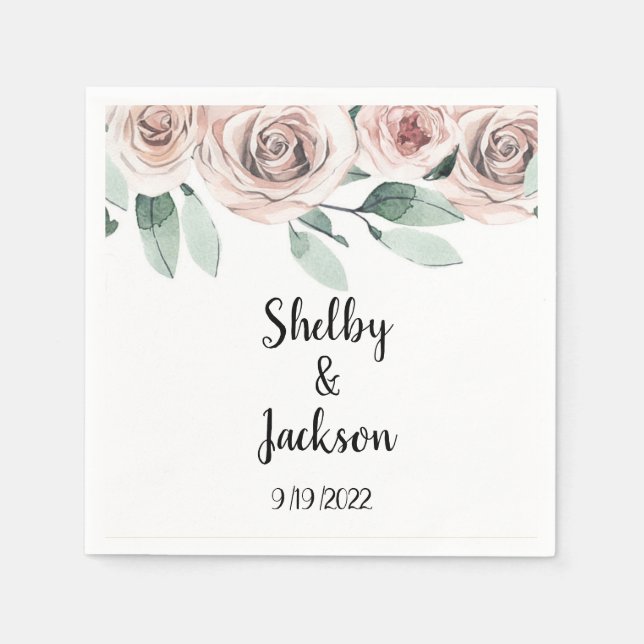 Pink Watercolor Floral Rose Gold Wedding Napkin (Front)