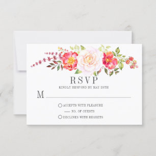 Pink Watercolor Floral Roses Greenery RSVP Card