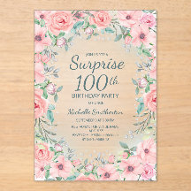 Pink Watercolor Floral Roses Pearls 100th Birthday