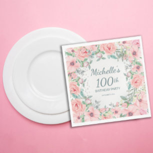 Pink Watercolor Floral Roses Pearls 100th Birthday Napkin
