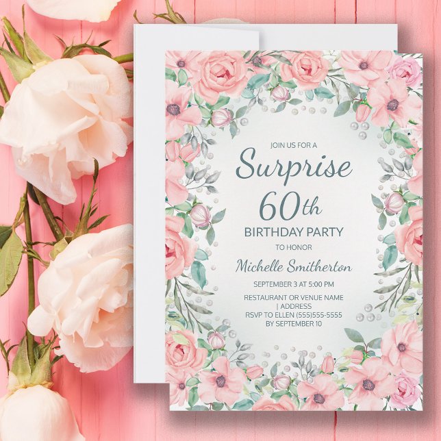 Pink Watercolor Floral Roses Pearls 60th Birthday (Blush pink floral surprise 60th birthday party invitation customized with your text.)