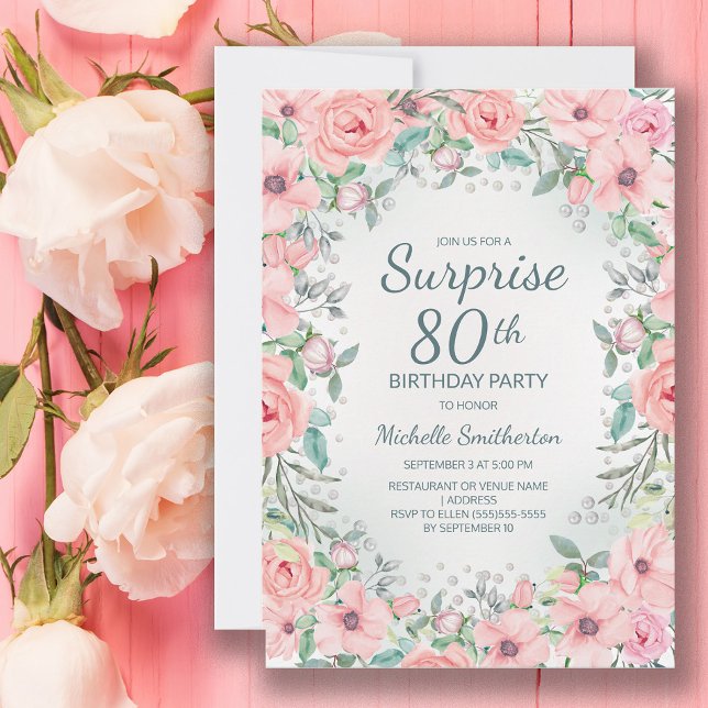 Pink Watercolor Floral Roses Pearls 80th Birthday (Blush pink floral surprise 80th birthday party invitation customized with your text.)