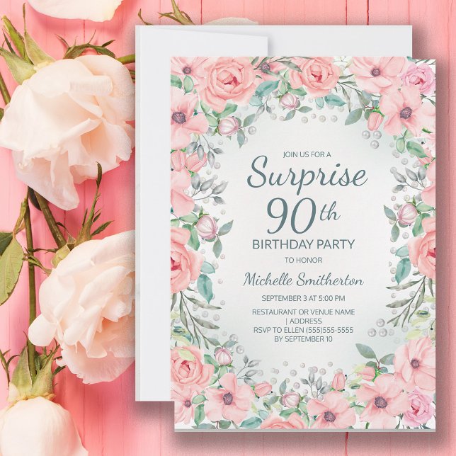 Pink Watercolor Floral Roses Pearls 90th Birthday (Pink floral surprise 90th birthday party invitation customized with your text.)