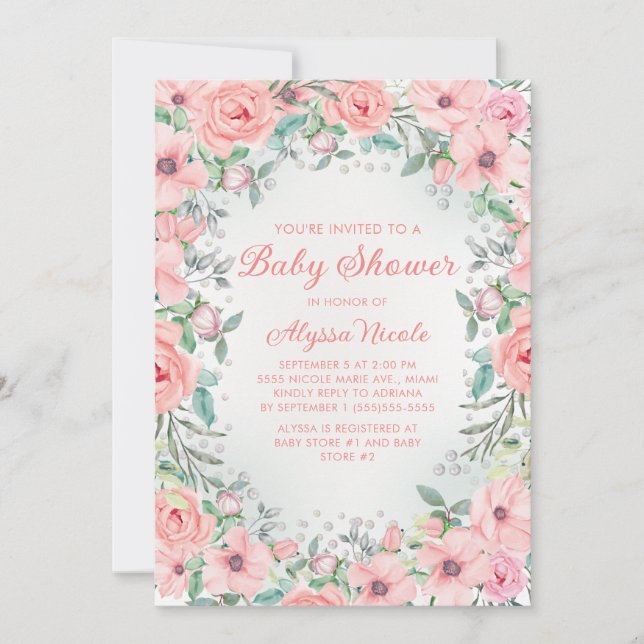 Pink Watercolor Floral Roses Pearls Baby Shower (Front)