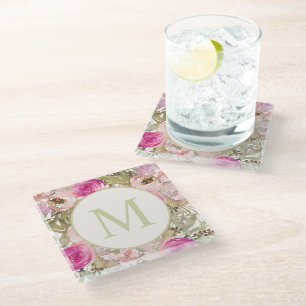 Pink Watercolor Floral Sage Green Leaves Monogram Glass Coaster