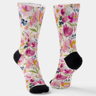 Pink Watercolor Floral Shabby Chic Pattern Socks