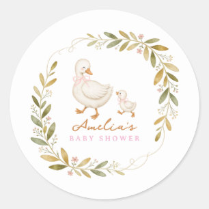 Pink Watercolor Floral silly goose Baby Shower Classic Round Sticker