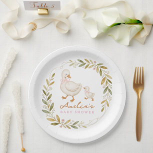  Pink Watercolor Floral silly goose  Baby Shower Paper Plate