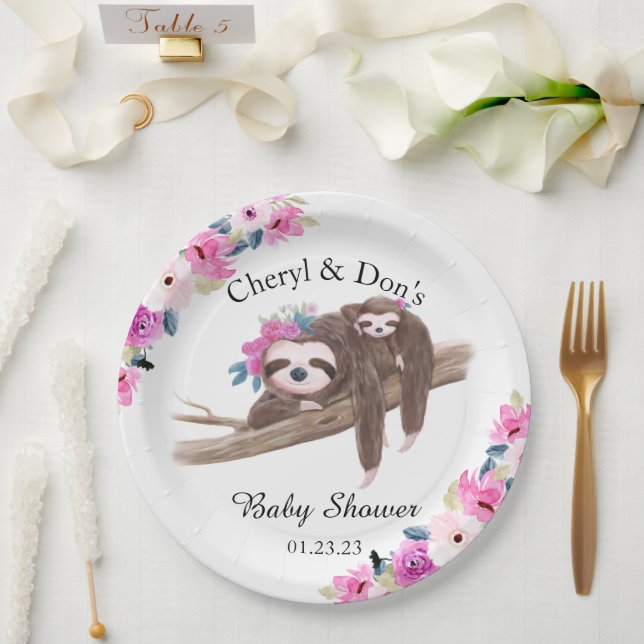 Pink Watercolor Floral Sloth Baby Shower Paper Plate (Wedding)