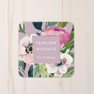 Pink Watercolor Floral Square Business Card