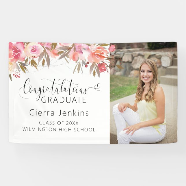 Pink Watercolor Floral String Light Graduation Banner (Horizontal)