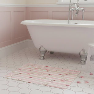 Pink Watercolor Floral Stripe Pattern Bath Mat