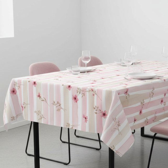 Pink Watercolor Floral Stripe Pattern Tablecloth (Creator Uploaded)